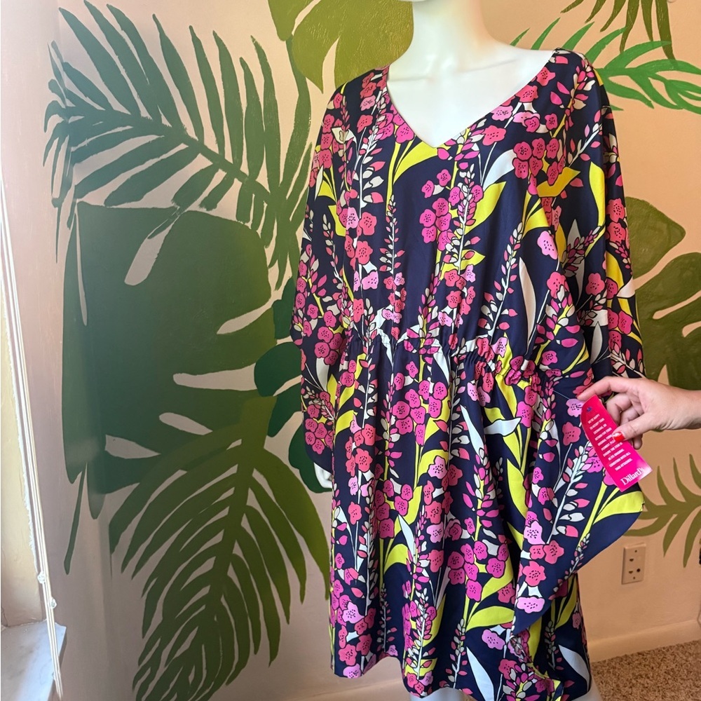 Trina Turk Navy Floral V-Neck Dress with Pink Blossoms